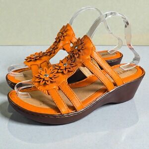 Born Orange Leather Floral Wedge Sandals Women's Size 8 Boho Festival Comfort